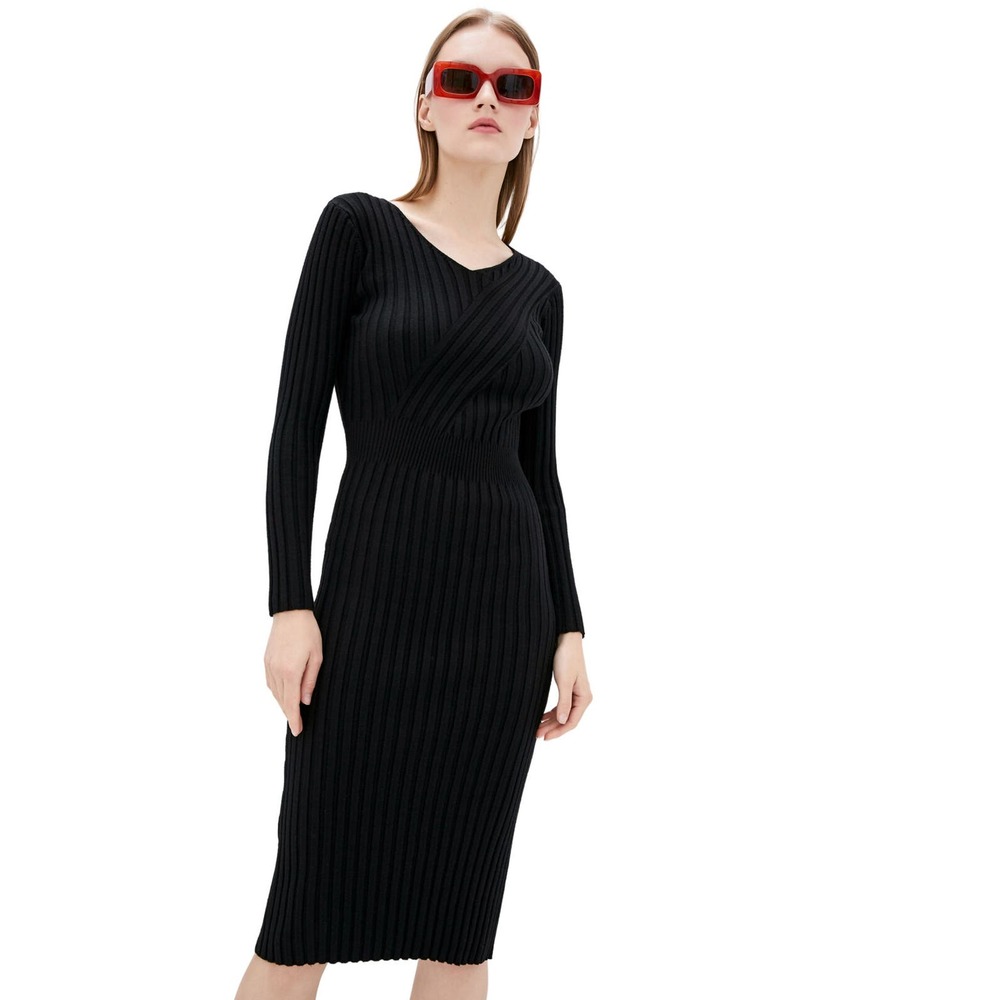 DASTI Bodycon Black Midi Dress Long Sleeve Black Vestido Negro